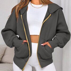 Dark Grey Women's Casual Zipper Hoodie Sweatshirt